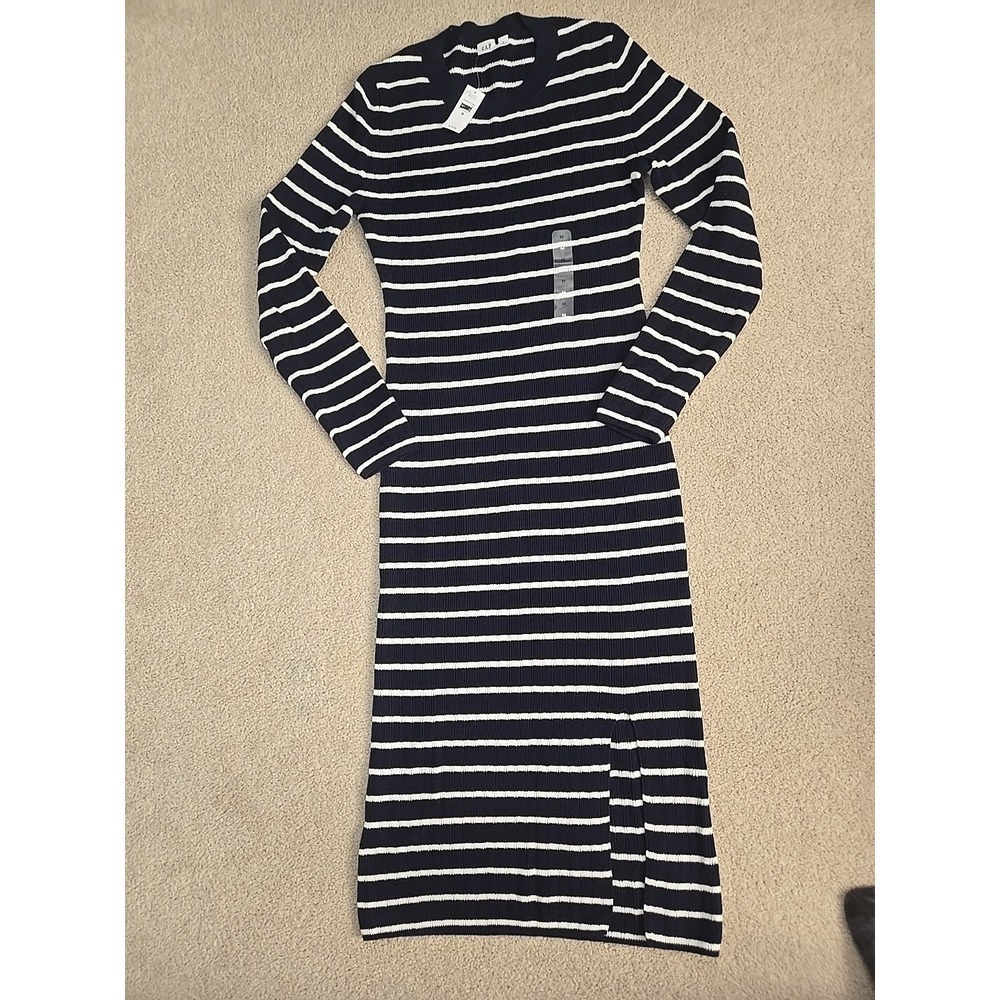 New GAP Sweater Midi Dress Long Sleeve Pullover Navy White‎ Striped Rib-knit M